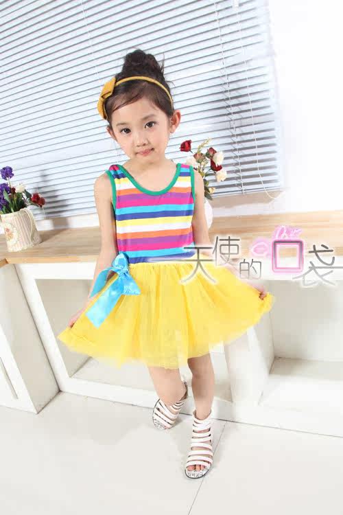 Baoyeah Kids Rainbow 2012 new style summer girls dress performed a dress vest skirt suit striped vest dress