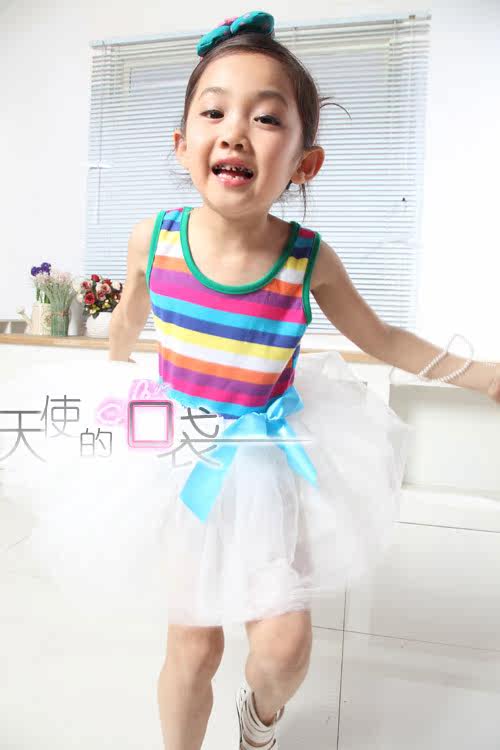 Baoyeah Kids Rainbow 2012 new style summer girls dress performed a dress vest skirt suit striped vest dress