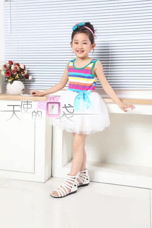 Baoyeah Kids Rainbow 2012 new style summer girls dress performed a dress vest skirt suit striped vest dress