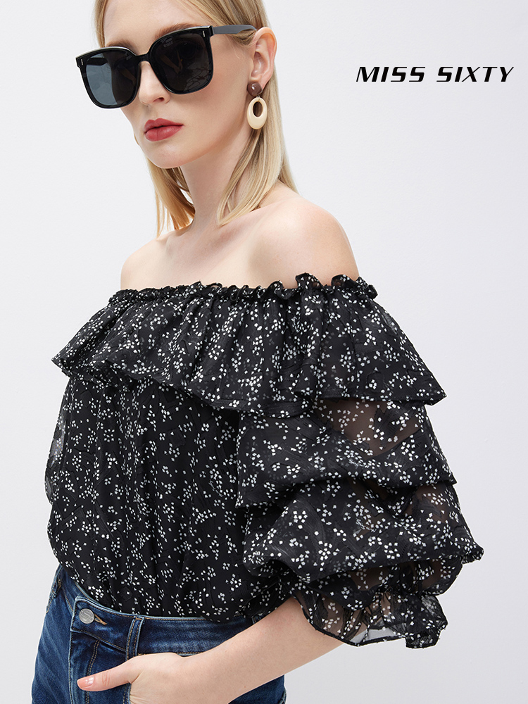 Miss   Sixty2022 summer The new printing shirt female Straight shoulder Flower cutting Chiffon