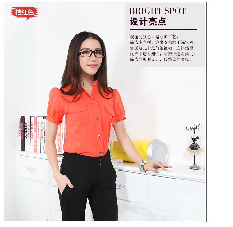 2013 summer wear Women Short sleeve shirt Korean version easy Chiffon shirt Big size shirt puff sleeve stand collar new pattern commute