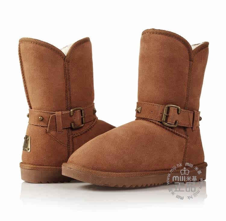 MIJI New leather snow boots female rivet metal belt buckle in boots sub