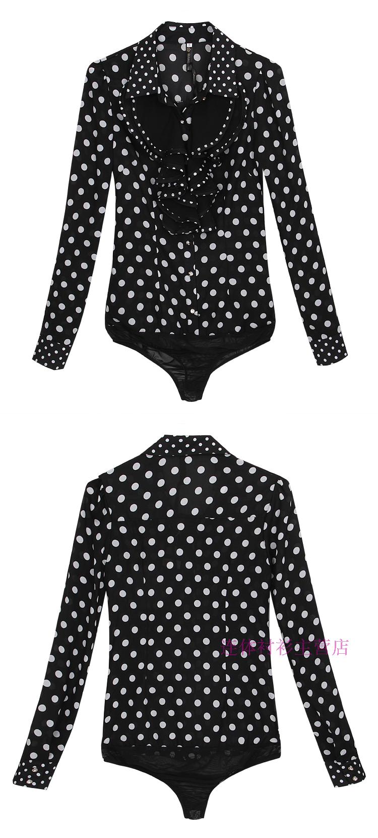 2018 Korean version Self-cultivation Chiffon Dot Women's wear   Reverse collar Ruffles Wave point Long sleeve shirt Conjoined shirt