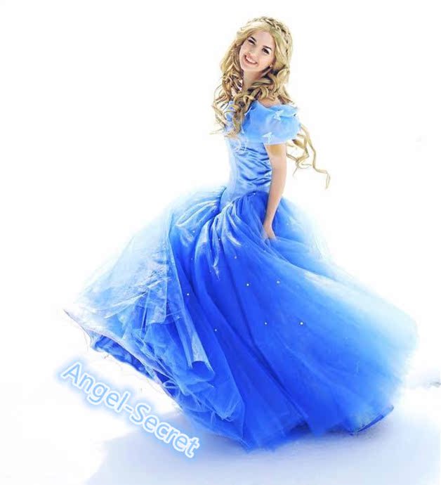 P343 Movies Cosplay Costume Cinderella 2015 Ella blue dress gradient  iridescent