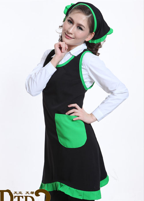 【围裙+头巾黑绿色围裙两件套装 工作便装 方