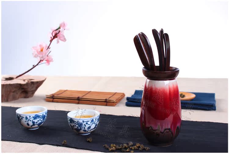 祥越黑檀木茶道六君子 直口 陶瓷窑变茶道 茶筒