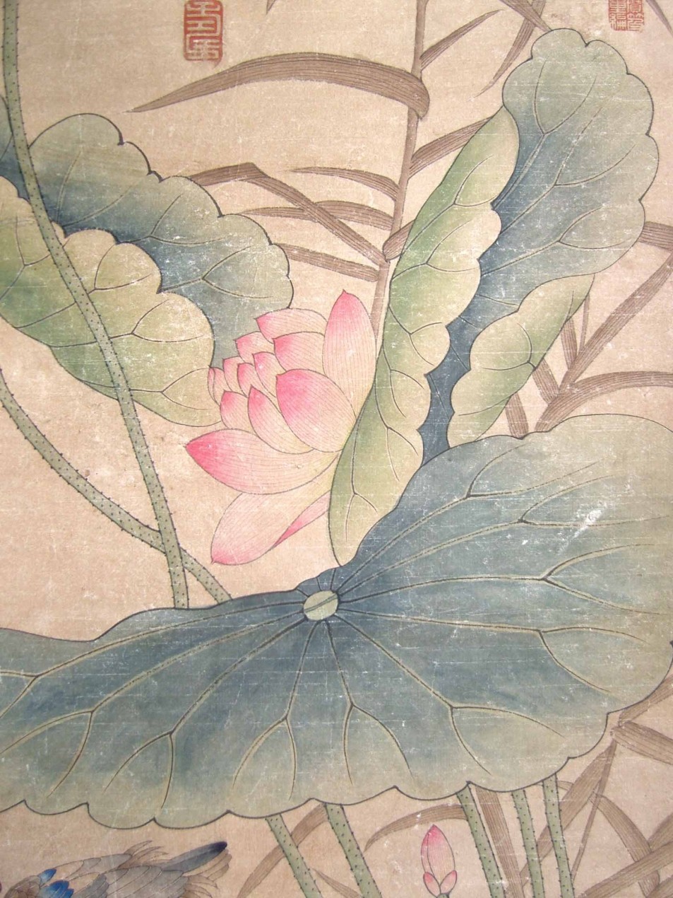 宋徽宗绘,周伯琦,文嘉,乾隆皇帝题跋《花鸟荷花画》手绘仿古画