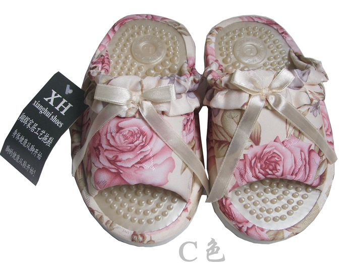 窗帘提花布蝴蝶结脚底按摩拖鞋居家拖鞋室内拖