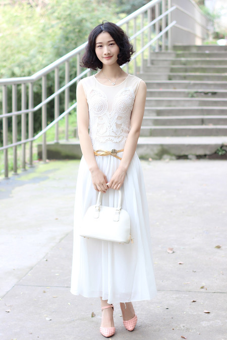 2014夏季韩版女装无袖绣花裙雪纺连衣裙白色