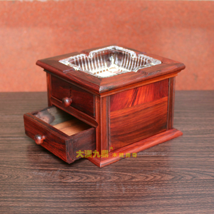 【双层烟灰缸 有抽屉可收纳 红木烟盒 多功能烟