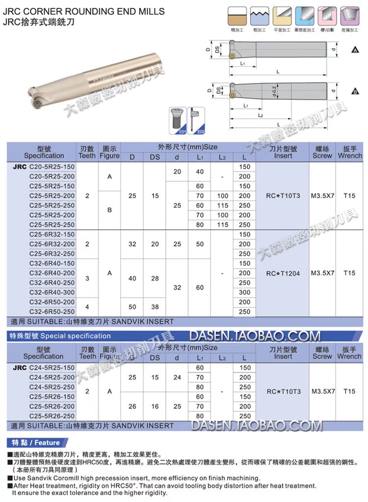 台湾德克JRC圆鼻铣刀杆C20-C32 JRC立铣刀 CNC数控刀具