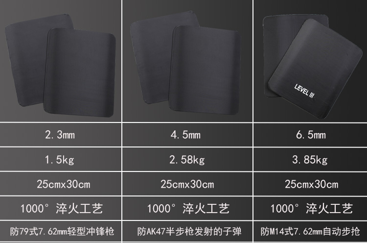 防弹插板 2.3mm的是五级防弹 4.5mm的是六级防弹 6.5mm的是7级防弹