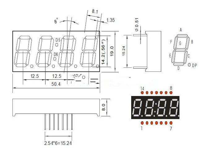 14脚时间显示 共阳0.56 4位带时钟显示数码管 规格 50*19*7.8mm