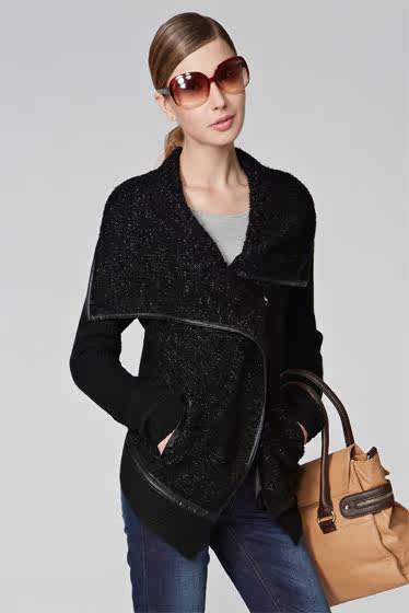 SA2013秋装新款女装PU拼接大翻领线衣<em>毛衣</em>开