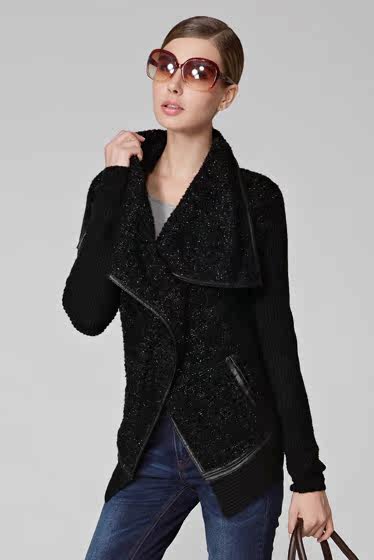 SA2013秋装新款女装PU拼接大翻领线衣<em>毛衣</em>开