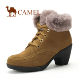 CAMEL骆驼正品女靴 冬真皮粗高跟短靴 兔毛女靴1006002