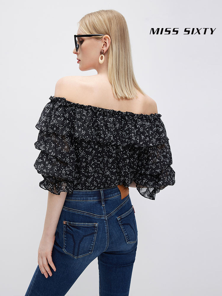 Miss   Sixty2022 summer The new printing shirt female Straight shoulder Flower cutting Chiffon