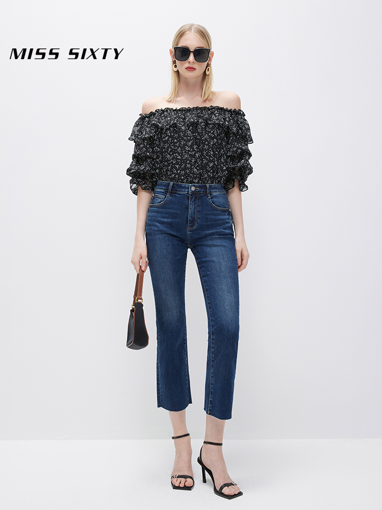 Miss   Sixty2022 summer The new printing shirt female Straight shoulder Flower cutting Chiffon