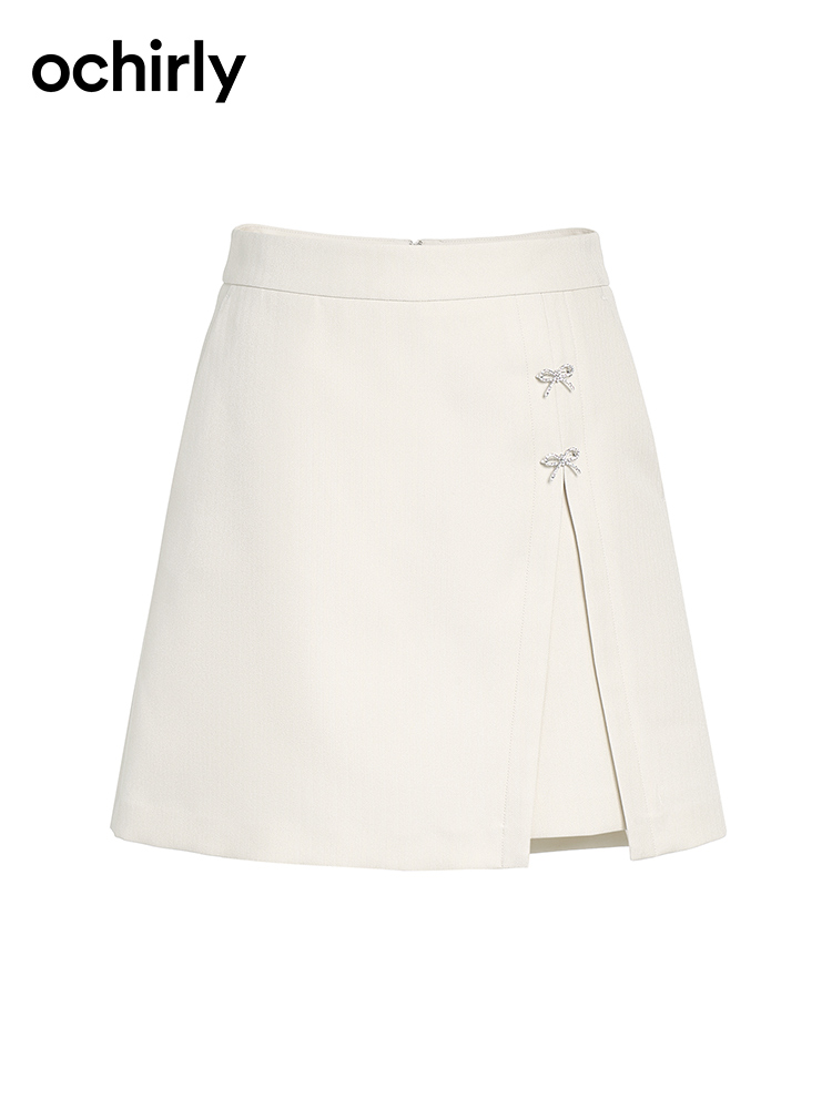 【 summer Direct descent 】 Ou Shili   bow Diamond ornament High waist Trouser skirt 2023 The new summer Side slit Sense of design