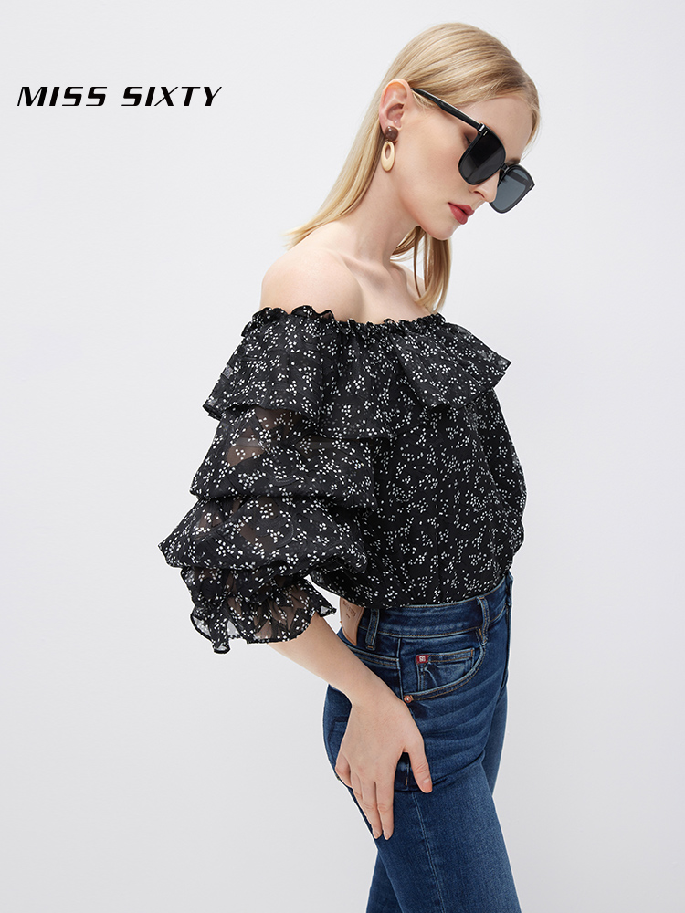 Miss   Sixty2022 summer The new printing shirt female Straight shoulder Flower cutting Chiffon