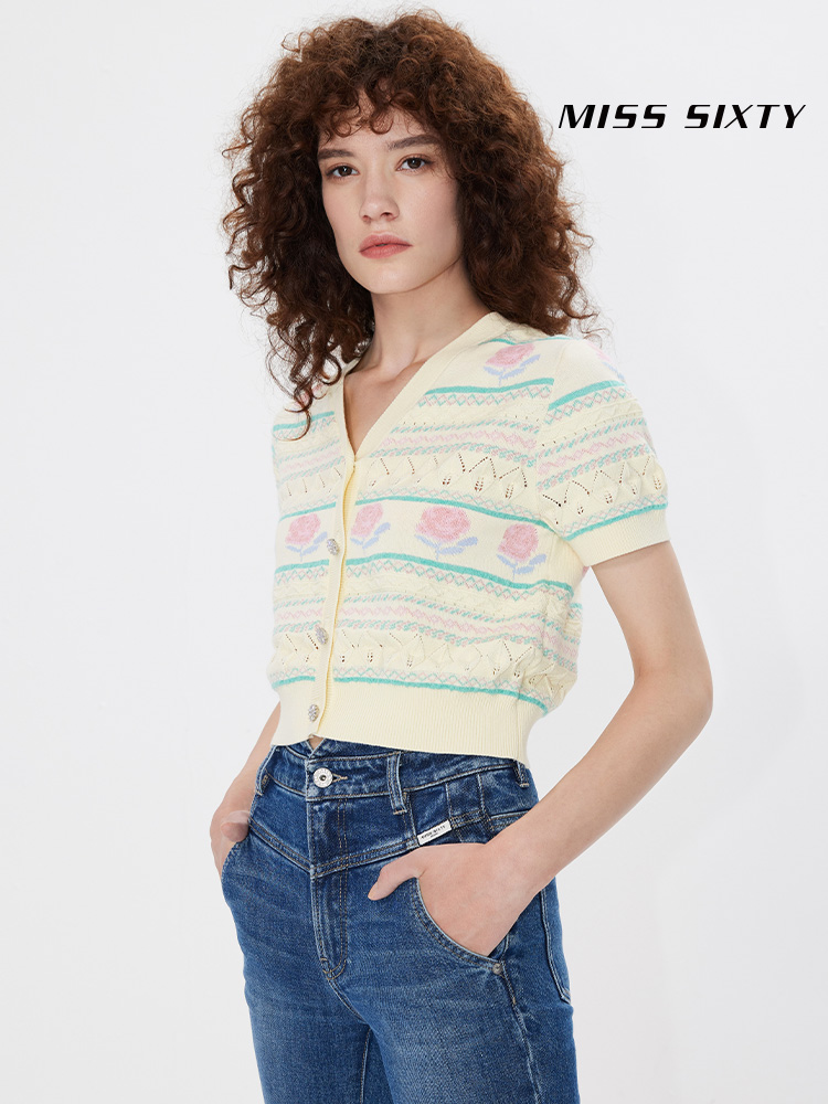 Miss Sixty spring and autumn The new hair Sweater female Sweet temperament V-neck Hollow out flower tops